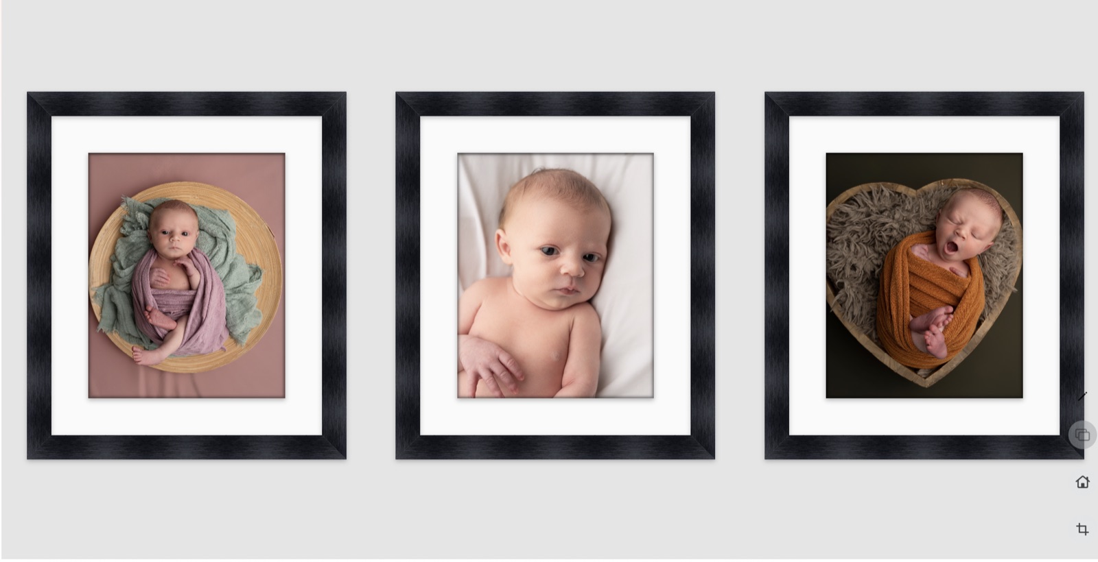 The Buy screen — three framed newborn portraits shown as wall art