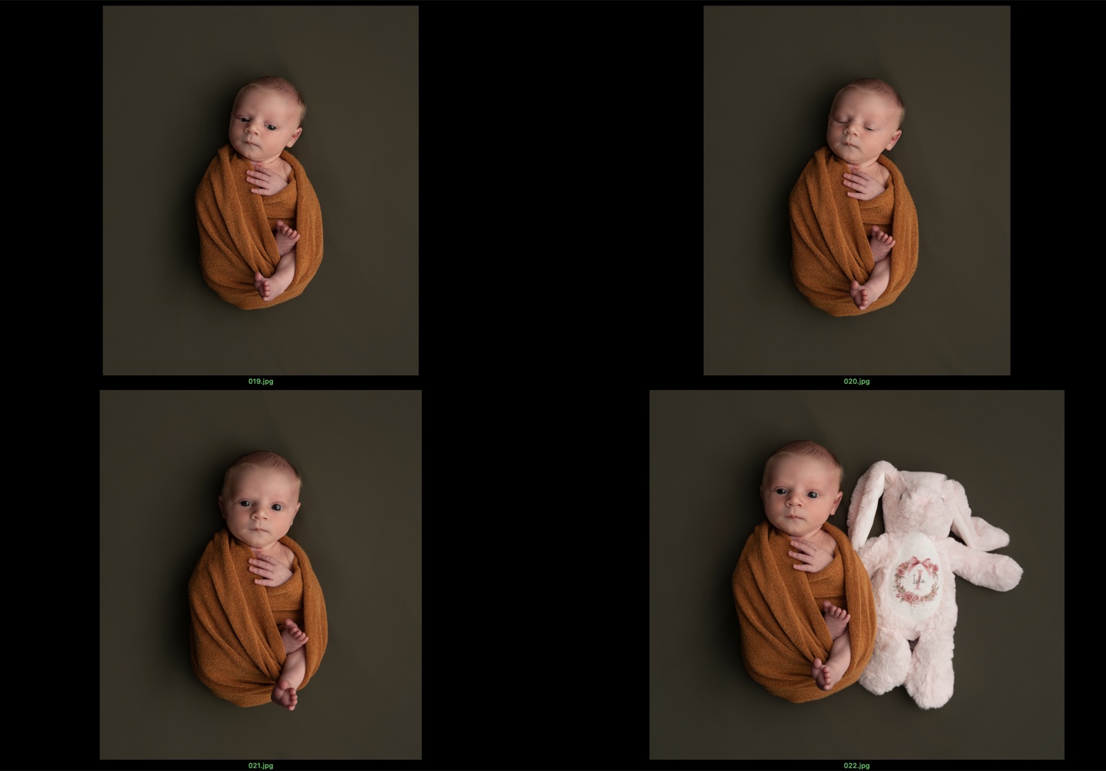 The Choose screen — a grid of newborn photos ready to shortlist